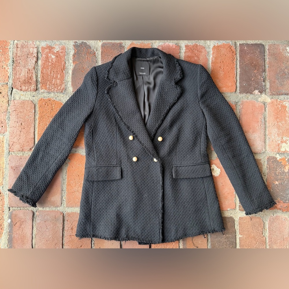 MNG (Mango) Double-Breasted Fringed Tweed Blazer